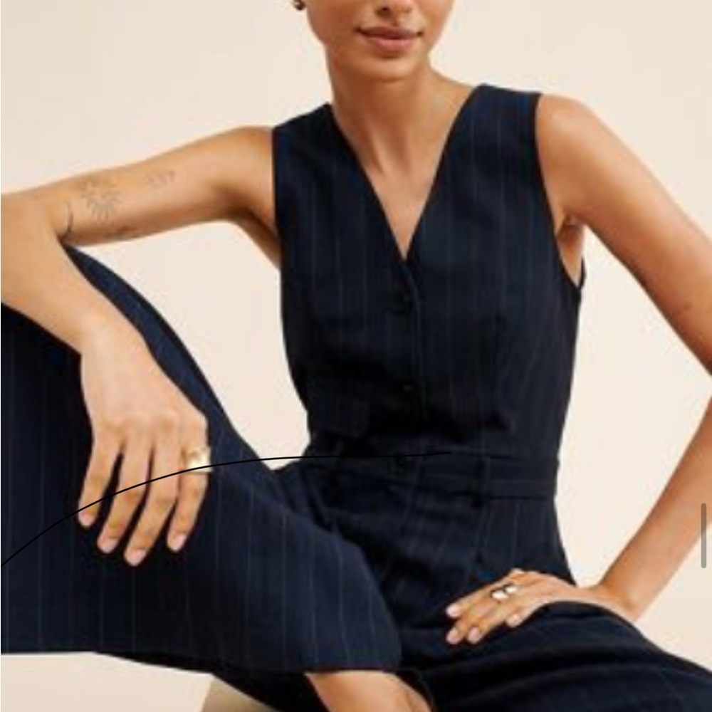 Anthropologie Maeve Navy pinstripe Wide-Leg Jumpsuit with Fitted Waist